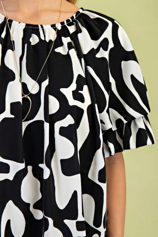 Geometric Print Loose Fit Mini Dress With Gathered Balloon Sleeves - Image 19