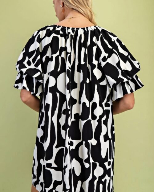 geometric print loose fit mini dress with gathered balloon sleeves