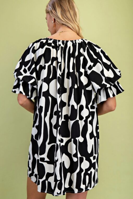 Geometric Print Loose Fit Mini Dress With Gathered Balloon Sleeves - Image 20