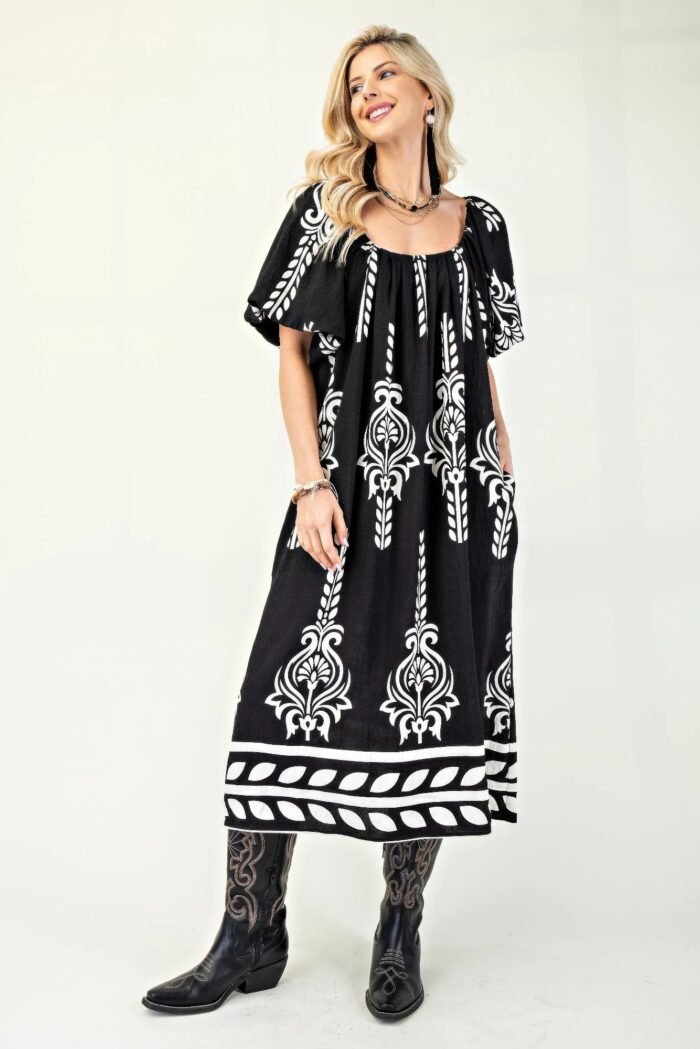 Printed midi dress with short puff sleeves