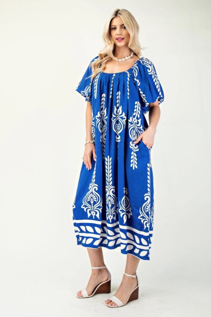 Printed midi dress with short puff sleeves