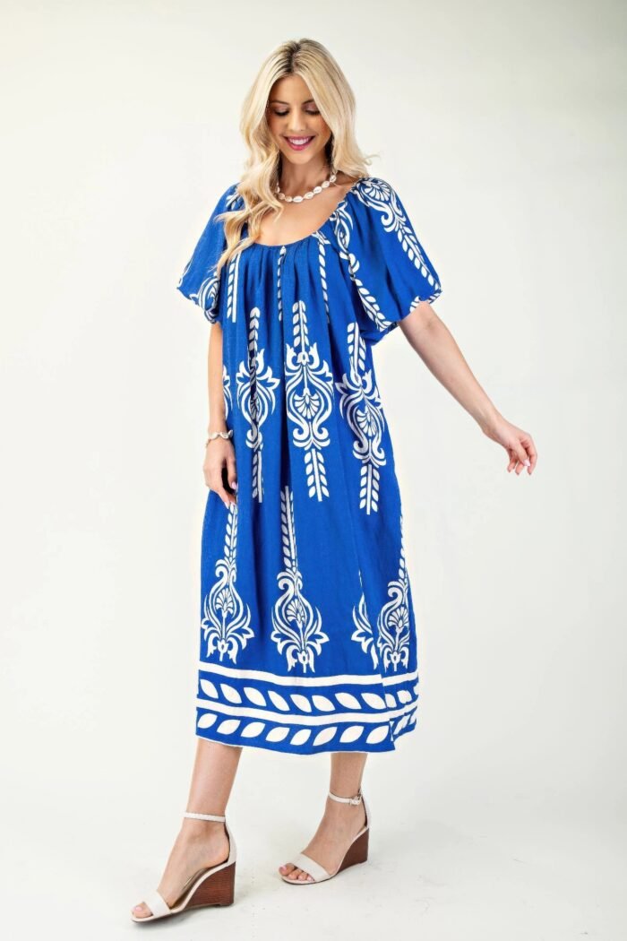 Printed midi dress with short puff sleeves