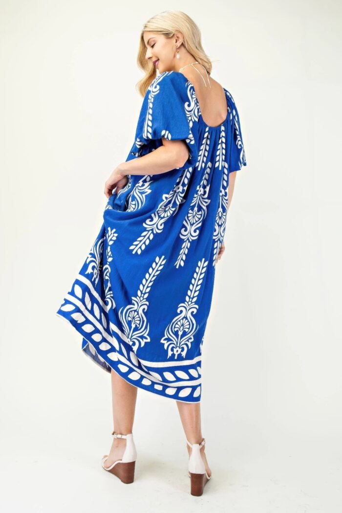 Printed midi dress with short puff sleeves