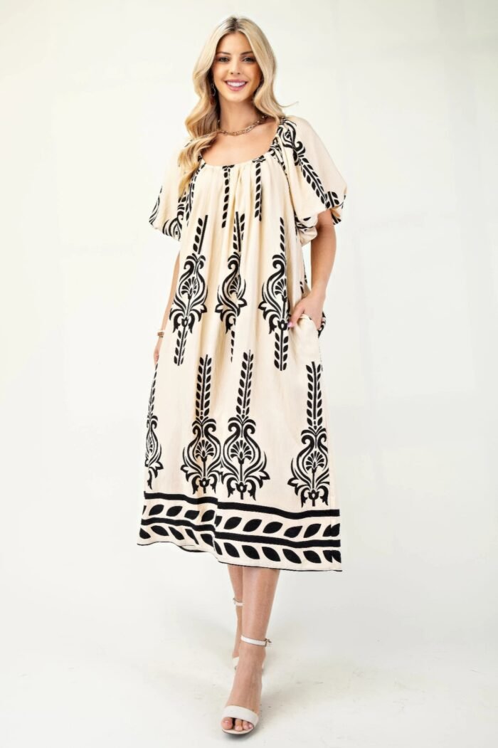 Printed midi dress with short puff sleeves