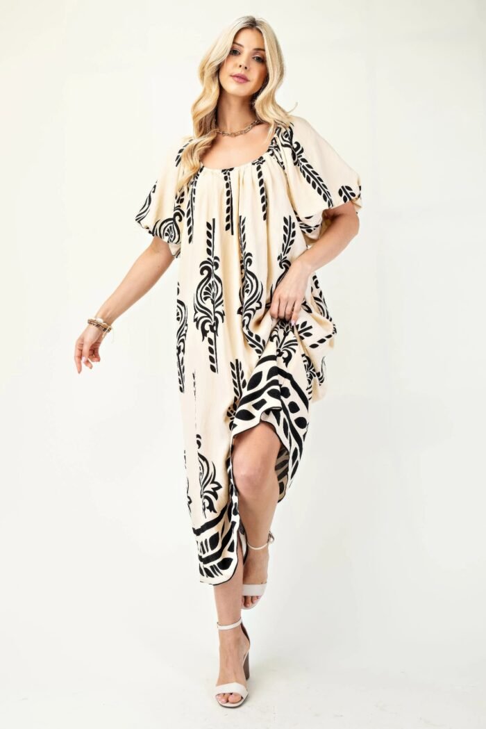 Printed midi dress with short puff sleeves