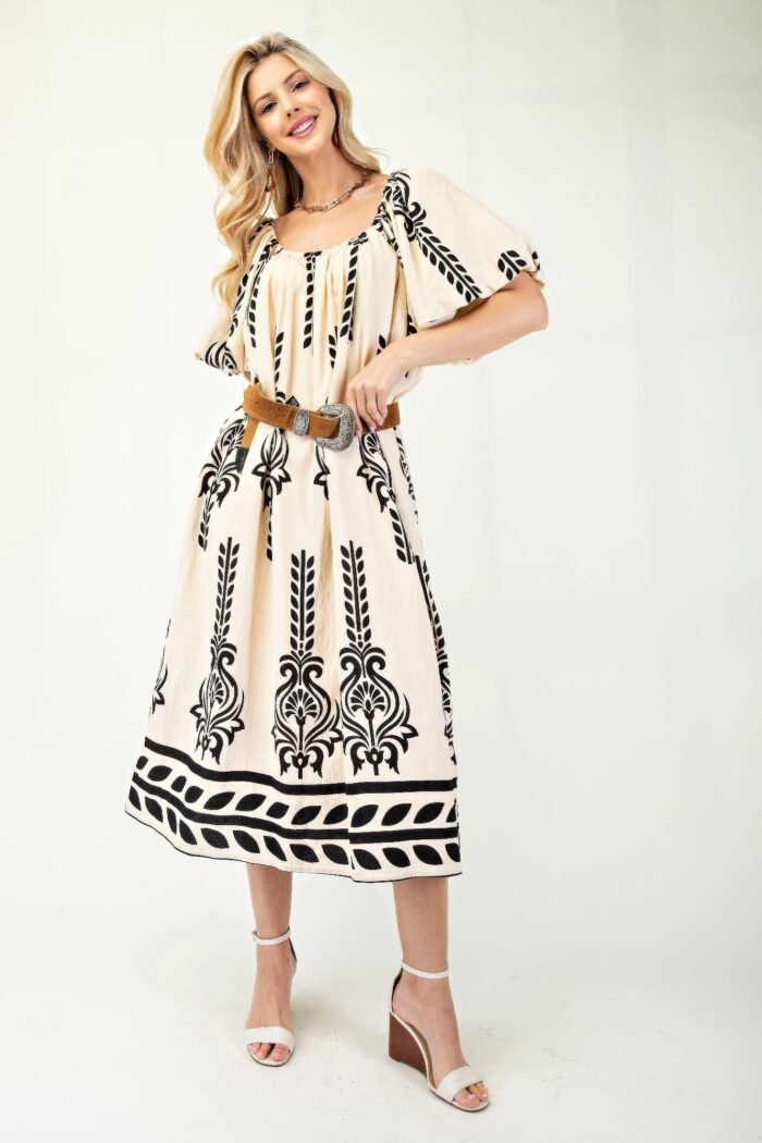 Printed midi dress with short puff sleeves