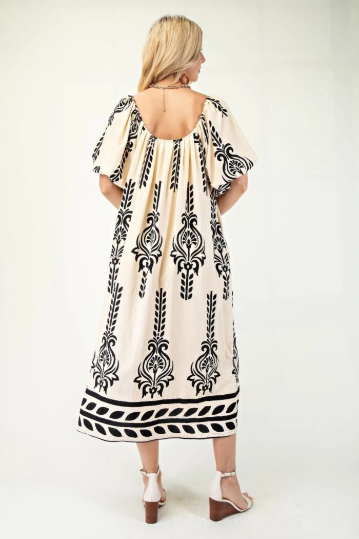 Printed midi dress with short puff sleeves
