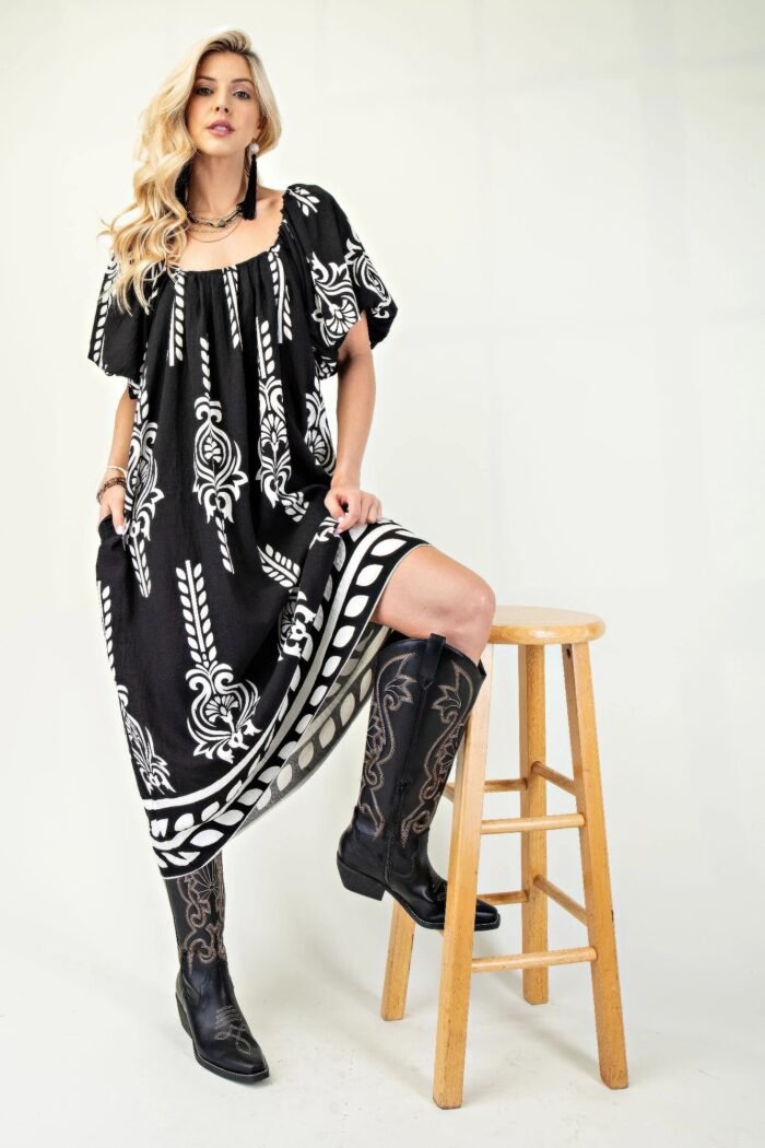 Printed midi dress with short puff sleeves