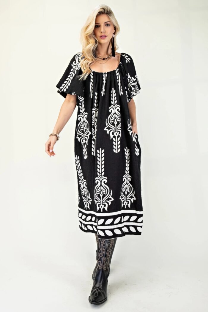 Printed midi dress with short puff sleeves