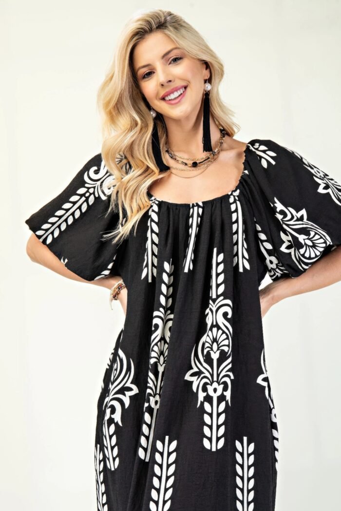 Printed midi dress with short puff sleeves
