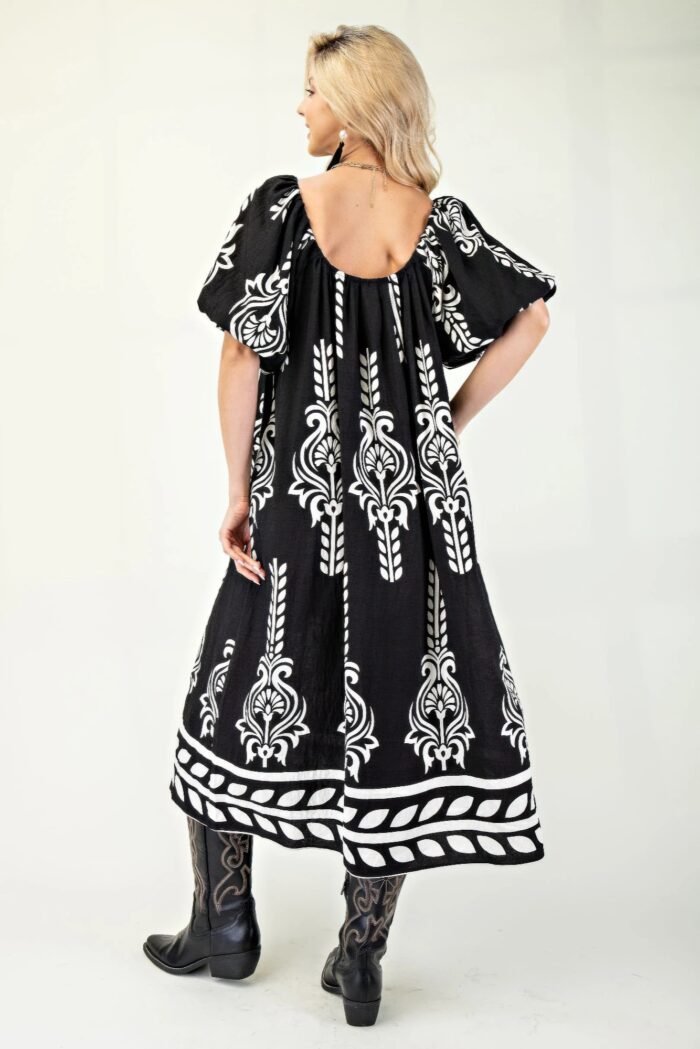Printed midi dress with short puff sleeves