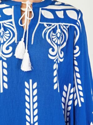 Boho Printed 3/4 Sleeve Dress — Tassel Tie & Fringe Hem
