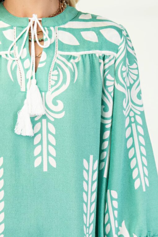 Boho Printed 3/4 Sleeve Dress — Tassel Tie & Fringe Hem - Image 4