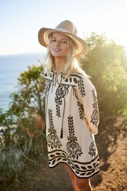 Boho Printed 3/4 Sleeve Dress — Tassel Tie & Fringe Hem