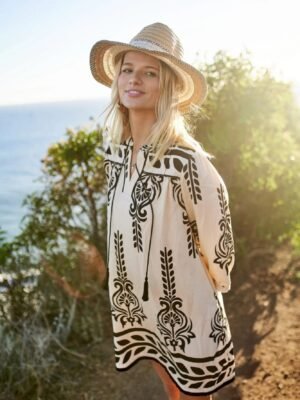 Boho Printed 3/4 Sleeve Dress — Tassel Tie & Fringe Hem