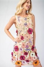 3D floral embroidered mini dress in white with sleeveless design and romantic detailing