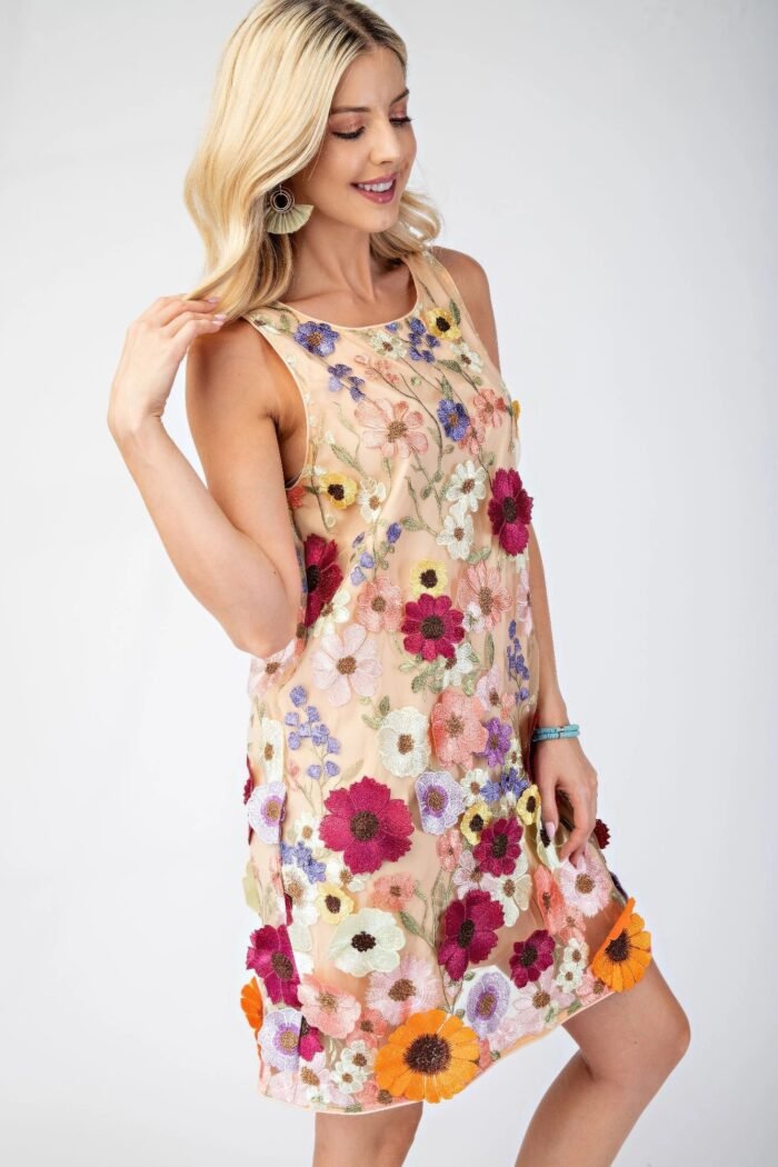 3d floral embroidered mini dress in white with sleeveless design and romantic detailing