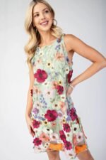 3D floral embroidered mini dress in white with sleeveless design and romantic detailing