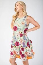 3D floral embroidered mini dress in white with sleeveless design and romantic detailing
