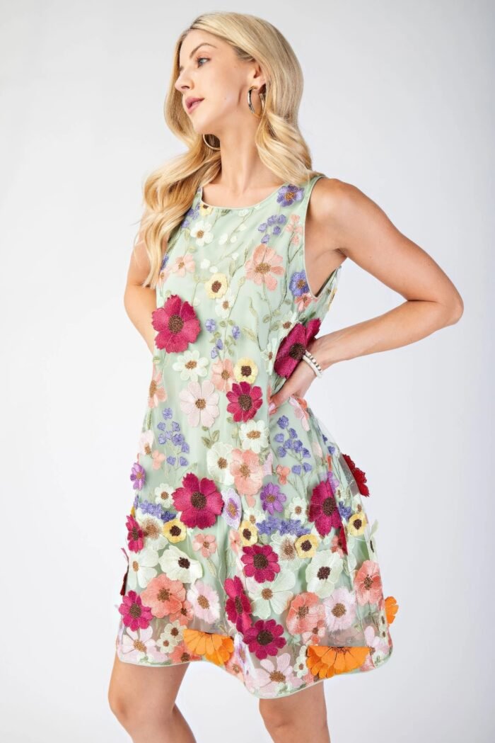 3d floral embroidered mini dress in white with sleeveless design and romantic detailing