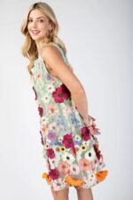 3D floral embroidered mini dress in white with sleeveless design and romantic detailing