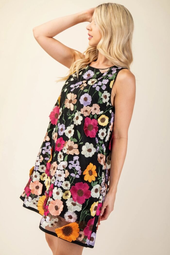 3d floral embroidered mini dress in white with sleeveless design and romantic detailing