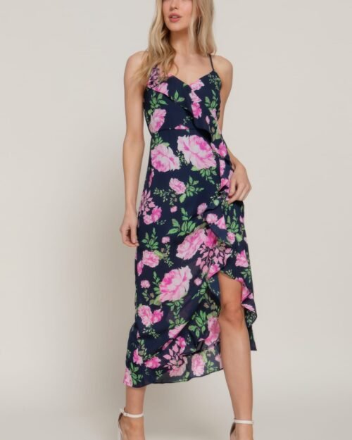floral print ruffle slip midi dress