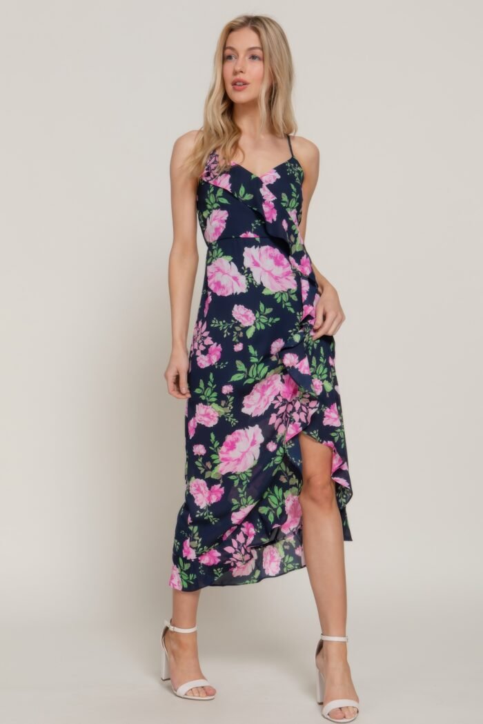 Floral print ruffle slip midi dress