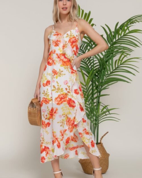 Floral Print Ruffle Slip Midi Dress