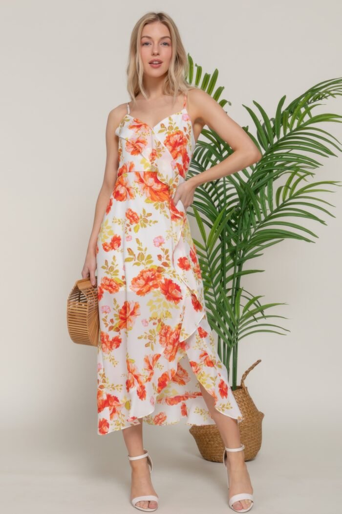 Floral print ruffle slip midi dress
