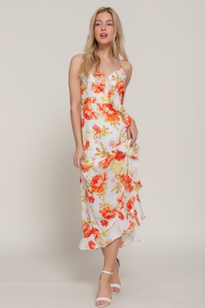 Floral print ruffle slip midi dress