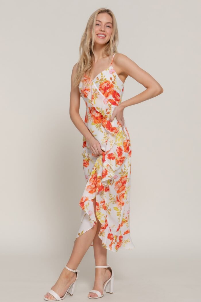 Floral print ruffle slip midi dress
