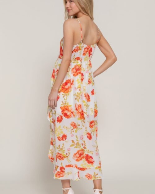 floral print ruffle slip midi dress
