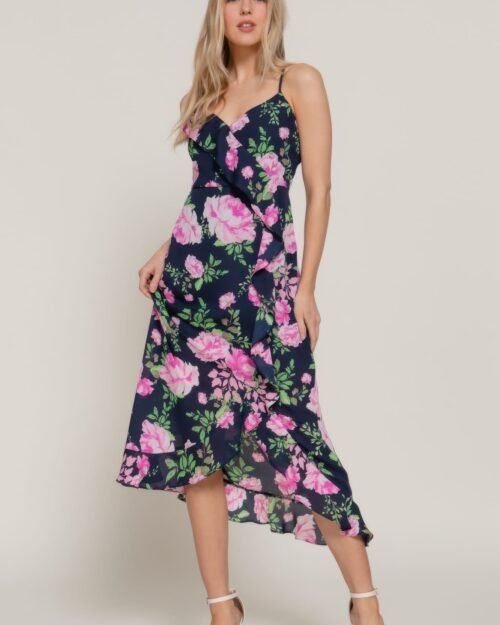 floral print ruffle slip midi dress