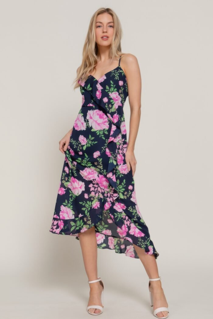 Floral print ruffle slip midi dress
