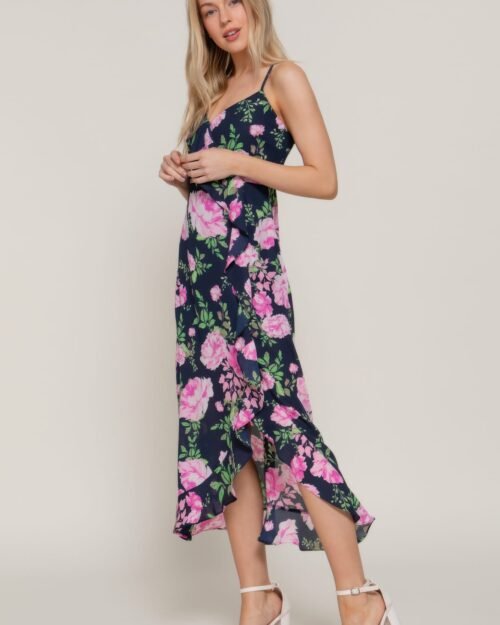 floral print ruffle slip midi dress