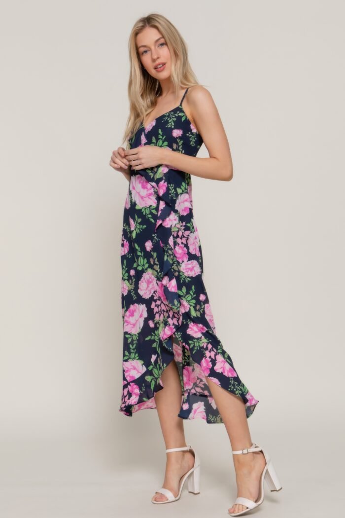 Floral print ruffle slip midi dress
