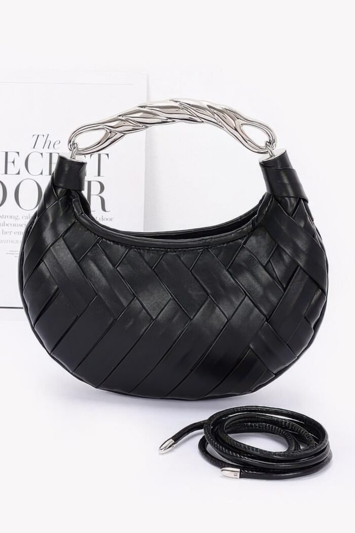 Faux leather braided metal handle clutch