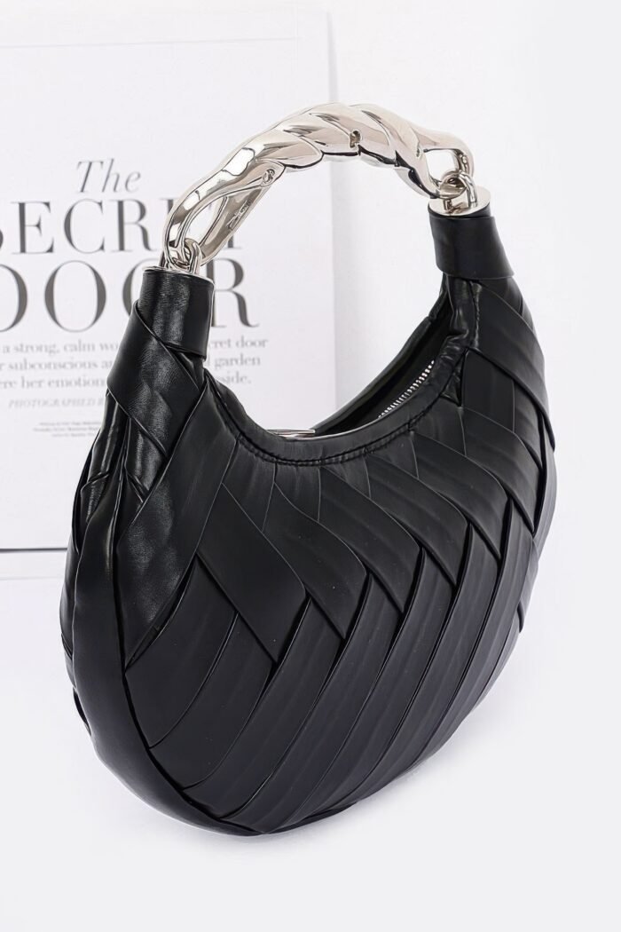 Faux leather braided metal handle clutch