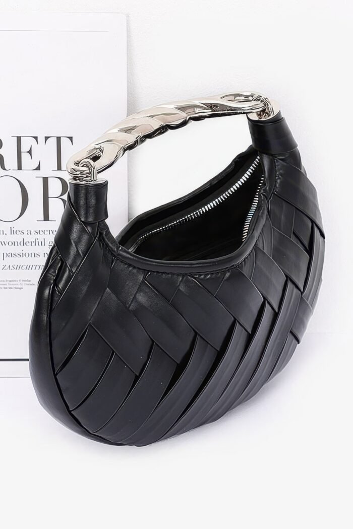 Faux leather braided metal handle clutch