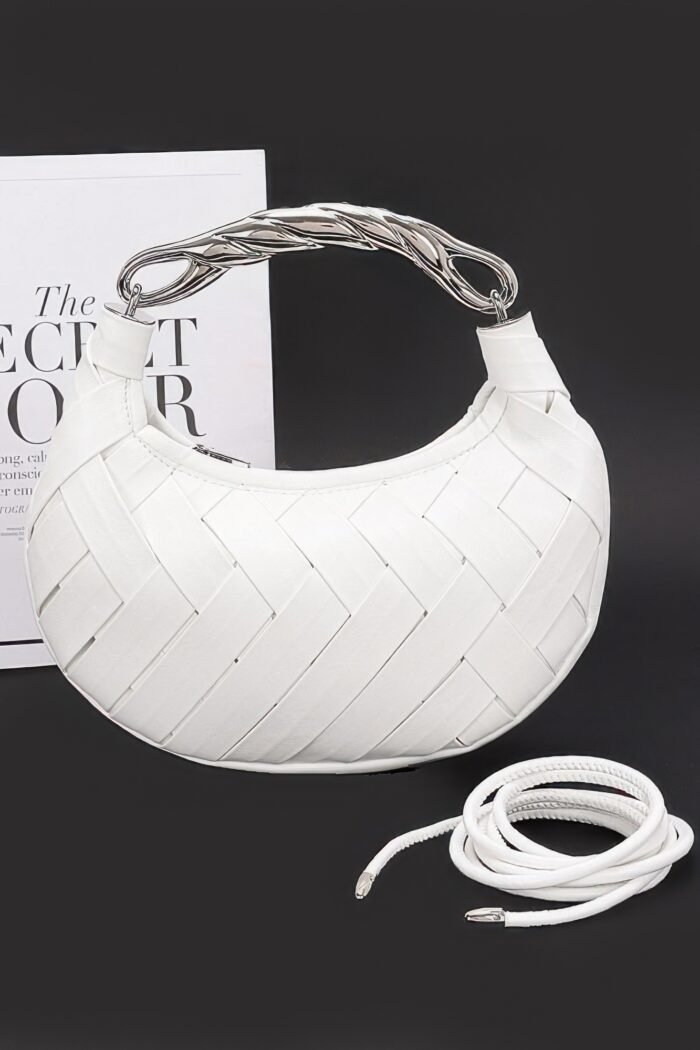 Faux leather braided metal handle clutch