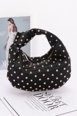studded satin hobo bag with metal detail