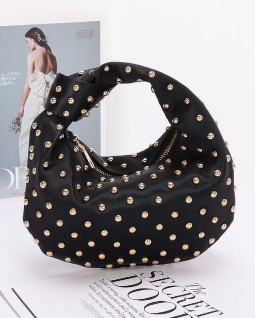 studded satin hobo bag with metal detail