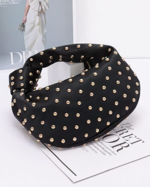 small black satin shoulder bag with metal studs