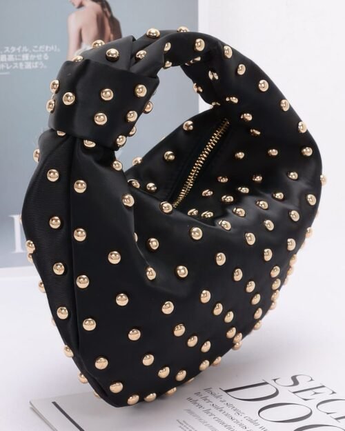 small black satin shoulder bag with metal studs