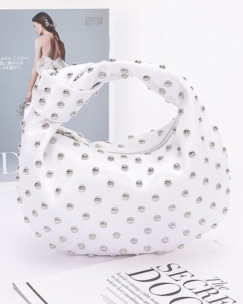 small black satin shoulder bag with metal studs