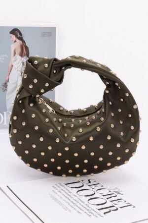 Studded Satin Hobo Bag — Polka Dot & Metal Detail lightweight studded handbag for UK style