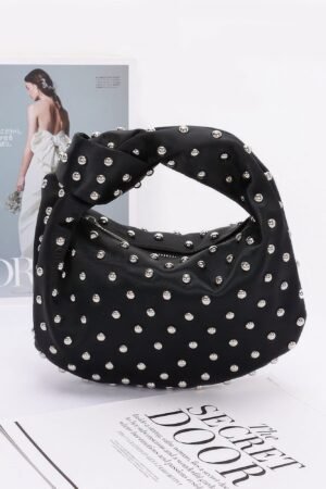 Studded Satin Hobo Bag — Polka Dot & Metal Detail polka dot satin handbag with silver studs