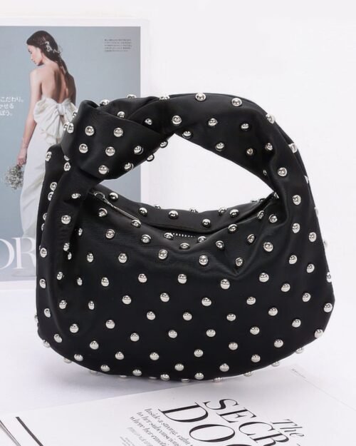 polka dot satin handbag with silver studs