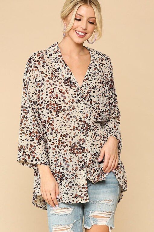 Animal Print Button Down Lapel Collar Shirt With Chest Pocket - Image 8